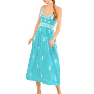NWT GRETCHEN SCOTT AQUA HAND EMBROIDERED MAXI DRESS